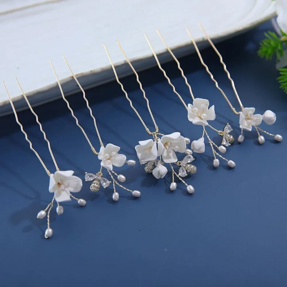 Handmade Bridal Wedding Hair Pins 5Pcs White Flower Zircon Pearl Hair Clips Brid